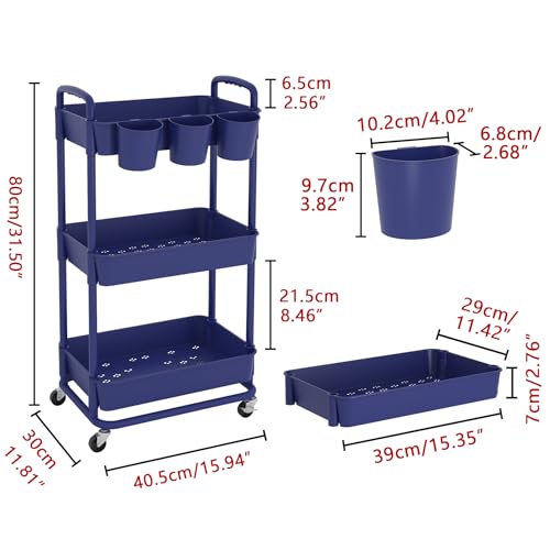 JIUYOTREE 3-Tier Plastic Rolling Storage Cart Utility Cart Blue - color: Blue, size: 3-Tier