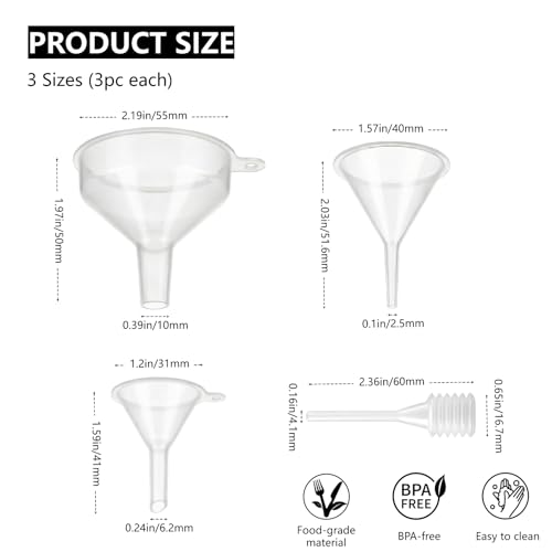 Small Funnel Kit 9 Pack 3 Size with Droppers for Essential Oils