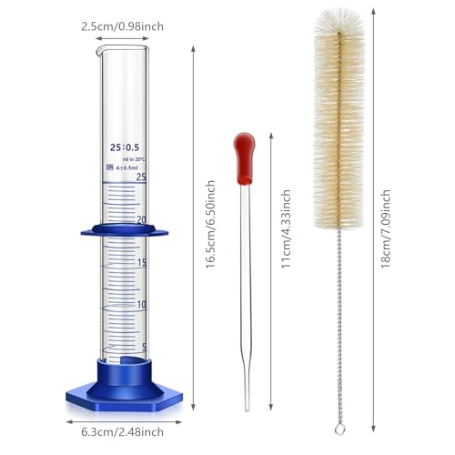 Thick Glass Graduated Cylinder Measuring Liquid Lab Cylinders with Anti-Falling Plastic Base and Bumper Guards and Cylinder Brush (Glass, 25ML) - size: 25ML