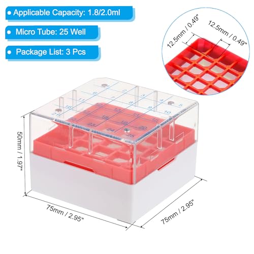 PATIKIL 25 Well Centrifuge Tube Freezer Storage Box, 3 Pcs Polypropylene Tube Rack for 1.8ML and 2.0ML Tubes Vials Samples, Red - color: Red
