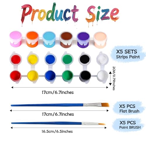 5 Packs Mini Acrylic Paint Set, 12 Colors Washable Paint Strips for Kids & Adults - Includes 10 Brushes (5 Flat + 5 Pointed), 60 PCS kids Paint Kits for Easter Eggs, Birthday, Classroom Party - size: 12 Count (Pack of 5)