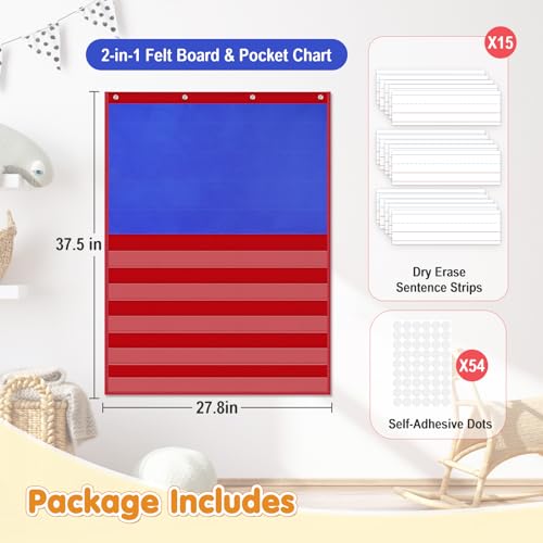 AKAYOK 2-in-1 Felt Board & Pocket Chart, 37”x28 Felt Board for Wall with 54 Self Adhesive Dots & 15 Dry Erase Sentence Strips, Flannel Boards Stories for Preschool, Early Literacy & Speech Therapy - color: Blue-1