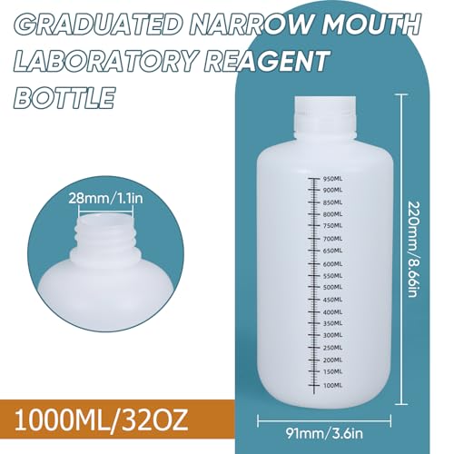 32oz/1000ml Narrow Mouth Plastic Bottles with Caps, HDPE Laboratory Grade Graduated Liquid Containers for Reagent Sample Medicine Water Storage (Translucent, 2 Pcs) - size: 32 Ounces