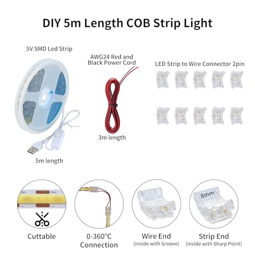 3D Printer Accessories 5V COB LED Strip Light Kit: 5m Cuttable White Uniform Lamp Width 8mm Flexible Waterproof High Density Lights with Adapter Switch for 3D DIY Lighting Printing Project