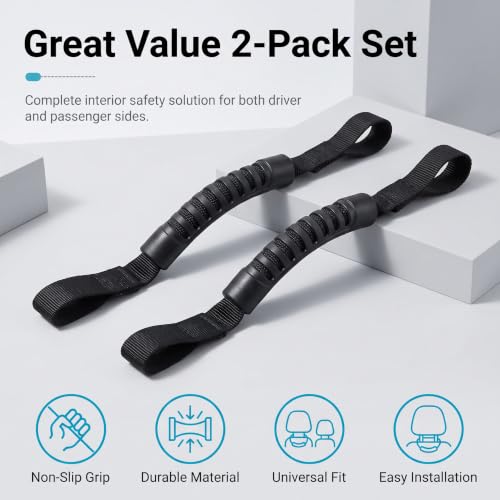 2 PCS Car Headrest Grab Handles, Heavy‑Duty Metal Reinforced Hand Hold Grips, Secure Non‑Slip Passenger Grip Strap, Interior Roof Grab Handles, Compatible with 2007‑2026 Wrangler JK JL JT