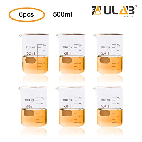 ULAB Scientific Glass Beakers, Vol. 500ml, 3.3 Borosilicate Griffin Low Form with Printed Graduation, Pack of 6, UBG1038 - style: Vol.500ml, Pack of 6