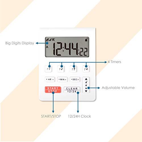Digital Desk Timer with 4 Count-Down/Count-up Trackings,12 or 24 Hours Clock Display,Buzzer Alarm Reminder for Kids and Adults,Time Management for Workout Study Piano Practise (White) - color: White