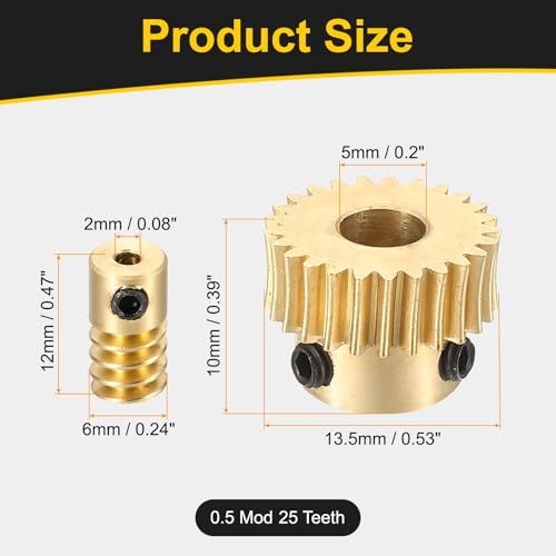uxcell Worm Gear Set Right Rotation 25T 0.5 Module 1:25 Reduction Rate - size: Gear-5mm, Rod-2mm Bore, style: 0.5M-25T
