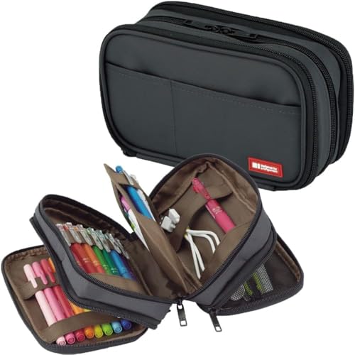 LIHITLAB Large Capacity Triple Zipper Pencil Case For School Office College, Big Capacity 8 Compartments Pencil Bag Holder Adults Teen Boys Girls, Travel Cosmetics Storage, Black (A7556-24) - color: Black, size: 1 Count (Pack of 1), style: Triple: 7.9 X 3