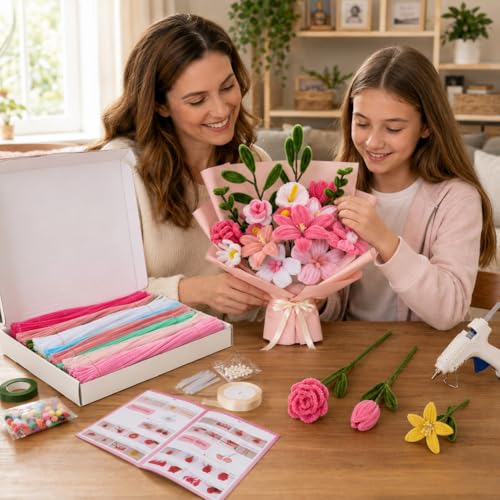 shaXsha Pipe Cleaner Flower Kit Bulk, 1160+ PCS All-in-One Beginner Craft Set with 650 PCS Pipe Cleaners, 500+ Beads & Eyes, Pink-Themed Materials for Creative DIY, Illustrated & Video Guides