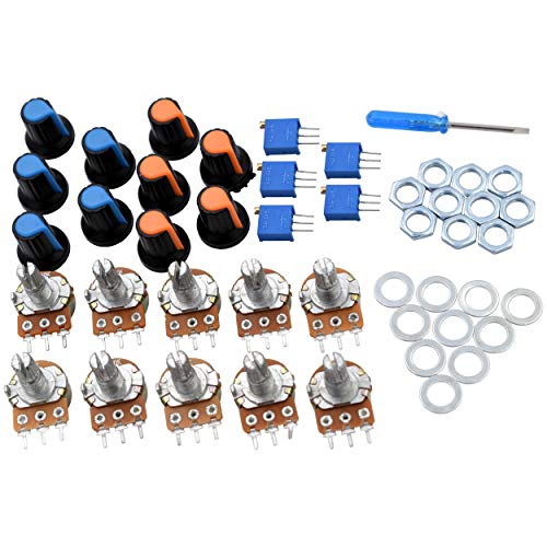Potentiometer Assortment Kit 46 PCS B1K–B1M Ohm with Knobs WH148, Single Linear Taper Rotary Audio B Type, Nuts,Washers, Multiturn Trimmer 3296 for Arduino, Electronics, DIY Circuit Prototyping