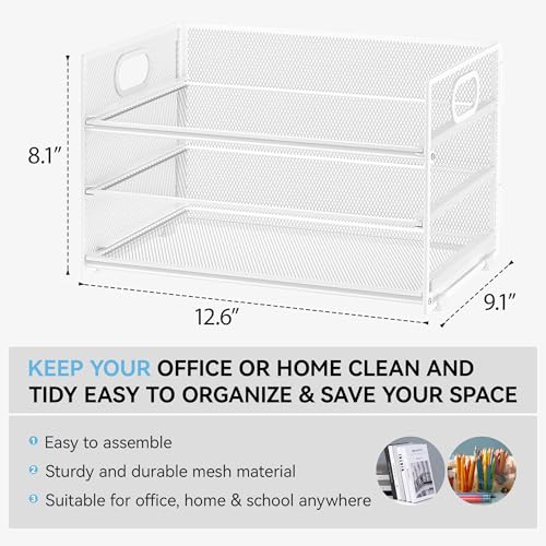 Subekyu 3 Tier Letter Tray Paper Organizer with Handle, 1 PC Sliding Tray, White Metal Mesh Desk File Folder Paper Sorter Organizer for Home Office School Desk Supplies Organization Storage - color: White, size: 12.6" x 9.1" x 8.1"