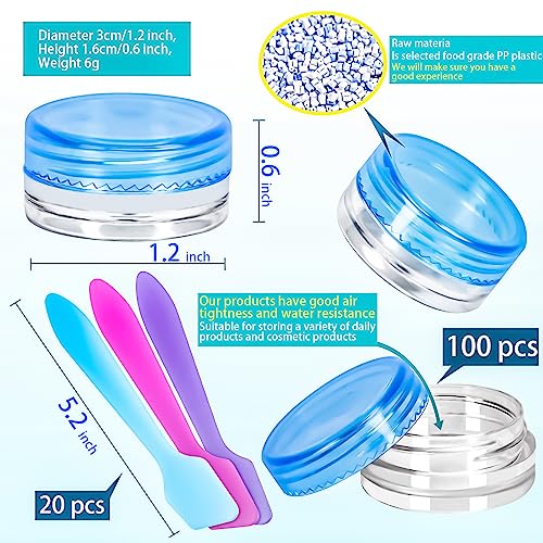 100 Pcs 3g Empty Plastic Containers with Lids,Tiny Makeup Sample Containers Small Pot Jars Clear Round Cosmetic Jars with 20 Pcs Mini Spatulas for Liquid Sample Powder Creams (Colored Lid) - color: Colored, size: 100PCS