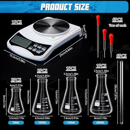 Tellegloww 31 Pcs Glass Beaker Set: a 1000g x 0.01g Lab Scale, 6 Graduated Cylinder, 6 Glass Beaker, 6 Pipettes Dropper, 6 Stirring Rod, 6 Measuring Cups for Lab Chemistry Supplies