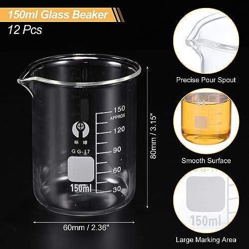 PATIKIL 150ml Low Form Glass Beaker, 12 Pack 3.3 Borosilicate Glass Graduated Printed Scale Measuring Cups with Spout for Kitchen Lab Liquids - size: 150ml