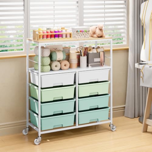APEXCHASER Rolling Storage Cart with 8 Large Drawers, Wooden Tabletop - color: Green
