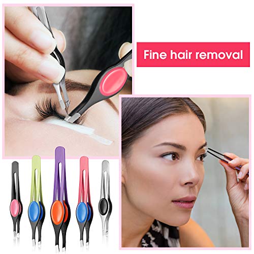 Chumia 5 Pieces Non-Slip Grip Tweezers Slanted Tip Stainless Steel Tweezer Wide Precision Tip Clip Tweezer for Ingrown Hair Eyebrow Shaping Splinter Blackhead Remover (Colorful Rubber Grip)