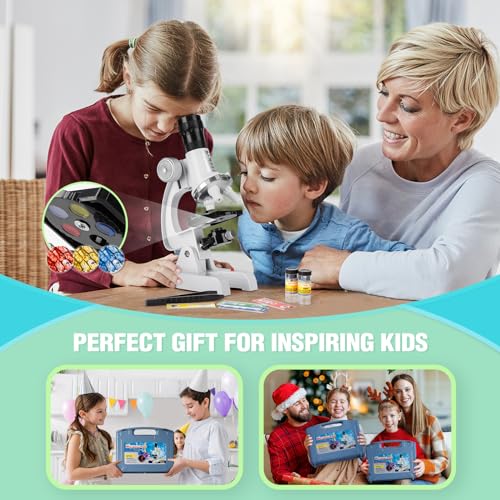 Uarzt Kids Beginner Microscope Science Kit with 100X-1200X, 13 Prepared Slides & DIY Blank Slides, 18MM HD Len, LED Light Adjustable and ABS Box, Microscope for Kids 5-7 8-12 - color: White