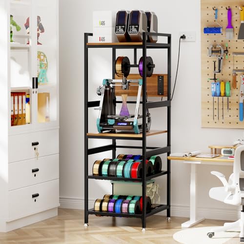 KEIKI 3D Printer Stand with Filament Storage Rack and Spool Holder, Heavy Duty Metal Frame Open Structure Workstation with Power Panel, T-Type Organizer Workbench for Studio Workshop Home Office - color: Black