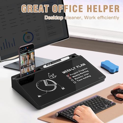 SELEAD Desktop Glass Whiteboard with Storage, 5 Markers and 1 Eraser, Black - color: Black, size: 12"x7"