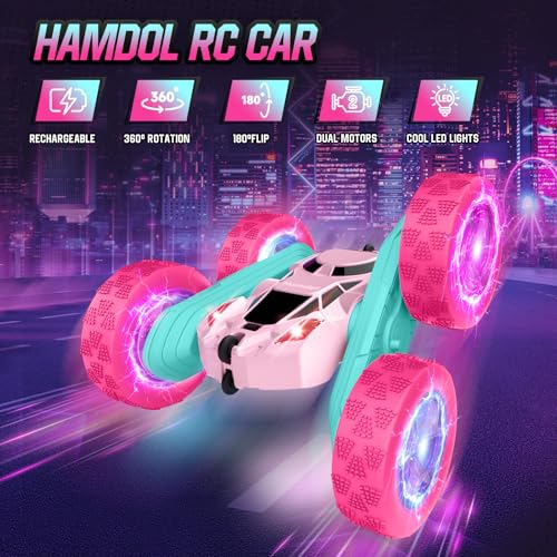Hamdol Pink Remote Control Car for Girls, Double Sided with Shining Headlights & Wheel Lights, Girl Princess Toys, Rechargeable Toy Car for 6-7 6-8 9 10-12 Year Old Girls Birthday, Valentines Gift - color: Pink, size: Glow (Headlights & Wheel Lights)