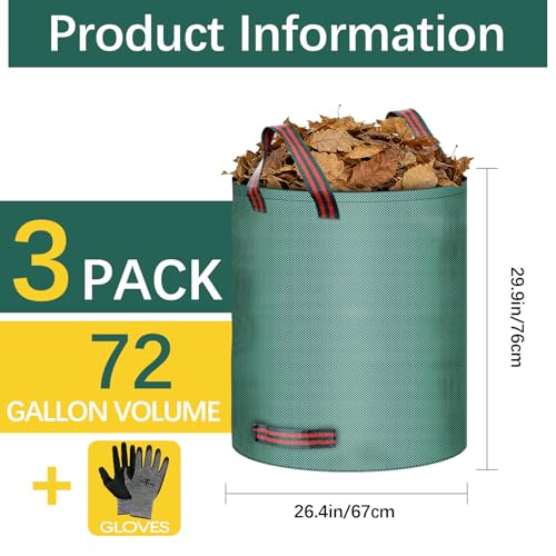 3 Pack 72 Gallon leaf collector bag lawn bags,leaf bags Heavy duty reusable,Gardening gloves included,Suitable for camping, yards, and recycling; can Cleaning debris, leaves, grass clippings