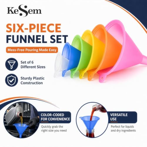 Plastic Funnel Set of 6, Mini to Large Funnels for Filling Bottles, Small Funnel for Kitchen Use, Oil Funnel for Automotive Use, Water Bottle Funnel, Kitchen Funnel Set for Liquids, Spices Powder