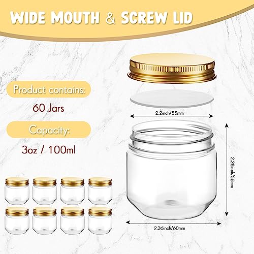 Tanlade 60 Pcs 3 oz Clear Plastic Mini Mason Jars with Lids, Gold - color: Gold