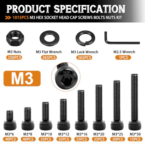 mankk 1015PCS M3 Socket Screws Assortment Kit,M3x6/8/10/12/16/20/25/30mm Hex Socket Cap Head Bolts Nuts Washers Assorted Set for 3D Printer,12.9 Grade Alloy Steel - size: 1015PCS M3 Kit