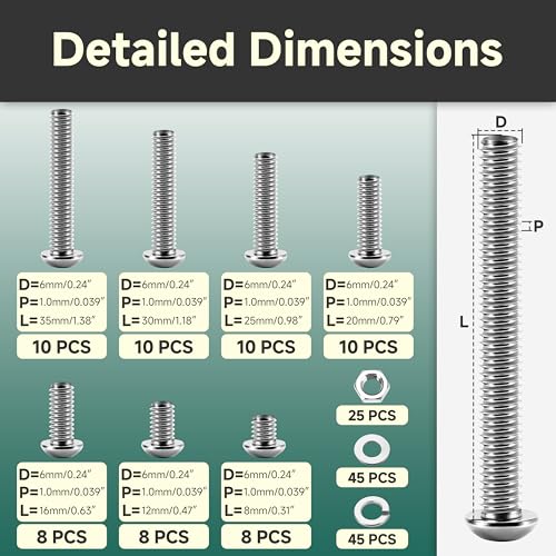 159Pcs M6 Machine Screw Assortment Kit, M6 x 8/12/16/20/25/30/35mm Stainless Steel Button Head Socket Cap Bolts and Nuts Kit with Lock & Flat Washers, Socket Head Metric Bolt Kit - color: (Silver) Button Head, size: 159Pcs M6-1.0