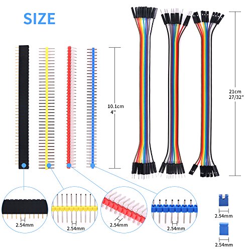 Glarks 248Pcs 40 Pin Breakaway Pin Headers and 2.54mm Circuit Board Jumper Caps with Breadboard Jumper Wire Ribbon Cables Connectors Assortment Set for Electronic Technology Arduino DIY