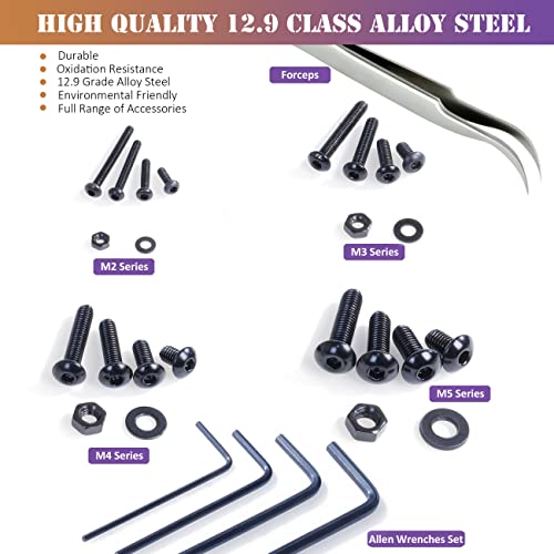 ZTF 840PCS Hex Button Head Cap Bolts Screws Nuts Washers Assortment Kit, M2 M3 M4 M5 Bolts Screws with Storage Box, 10.9 Grade Alloy Steel Machine Thread, ISO 7380 Allen Socket Drive