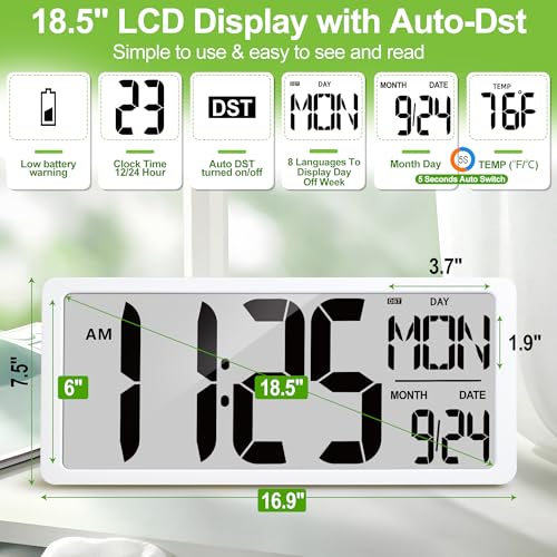 18.5" Extra Large Digital Wall Clock Battery Operated Wall Clock with Time/Calendar/Temperature Jumbo LCD Display Count Up Down Timer Alarm Clocks for Home Office Bedroom (Batteries Included) - size: 18.5" Battery Operated