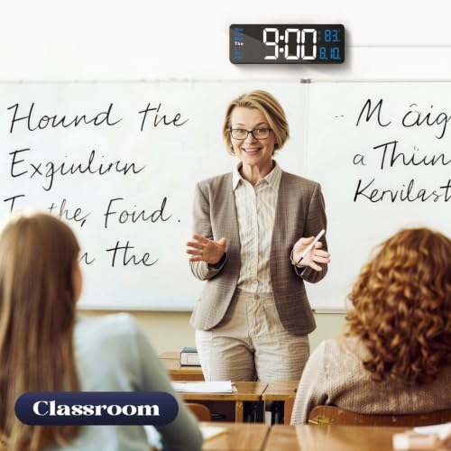 Digital Wall Clocks for Classroom, 16" Large Display Digital Electric Clock with Remote Control, Date, Week, Alarm, Temperature, Night Light for Living Room, Bedroom, Gym, Office(Blue) - color: Blue, size: 16 Inch