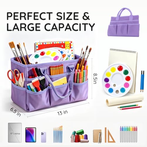 Craft Organizer Tote Bag, Art Supply Organizer Bag for Art Supplies - color: Light Purple (6.5"D x 13"W x 8.5"H)