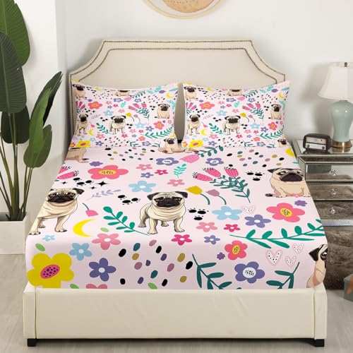 Erosebridal Kids Floral Dog Bed Sheets Full,Girly Pink Shari Pei Print Fitted Sheet for Boys Girls,Love Heart Floral Bed Set,Rustic Cartoon Animal Puppy Bedding Set with 2 Pillowcases,no Flat Sheet - color: Shari Pei, size: Full (No Top/Flat Sheet)
