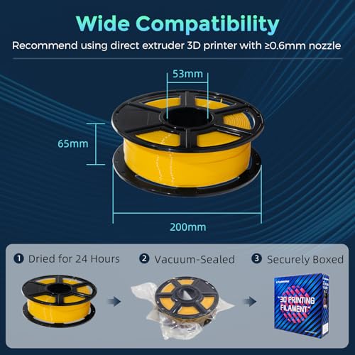 FLASHFORGE PLA Flexible 1.75 mm, 4X Longer Stretch 3D Printer Filament 1Kg (2.2lbs) Spool - Dimensional Accuracy +/- 0.02 mm, Ideal for Printing Soft Accessories - color: Yellow