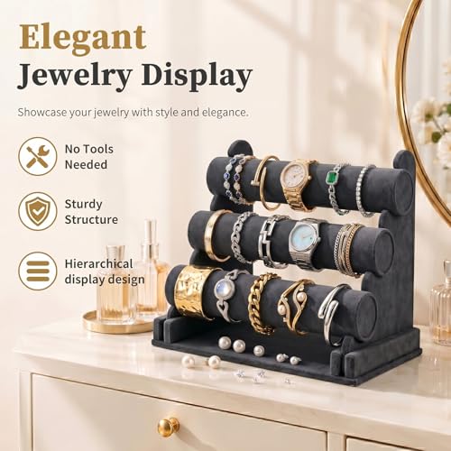 Barelove Velvet Bracelet Holder with 3 Tier Rack, Black T-Bar Storage Organizer Detachable Display Stand for Necklace Watch Bangles Bracelets Scrunchies Organization Showcase - color: Black-3017B
