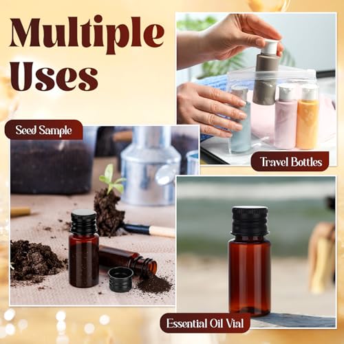 200 Pcs 10ml Mini Plastic Bottles Vials Tiny Jar with Aluminum Screw Lid Cap Clear Plastic Sample Container with Sealed Top Metal Lid for Cosmetic Essential Oil Specimen(Black and Amber) - color: Black and Amber