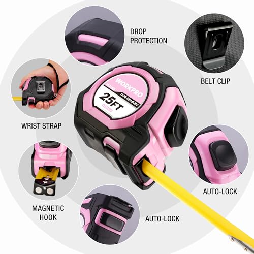 WORKPRO Pink Auto-Lock Tape Measure, 25FT 1/8 Fractions Measuring Tape - color: Pink, size: 25FT