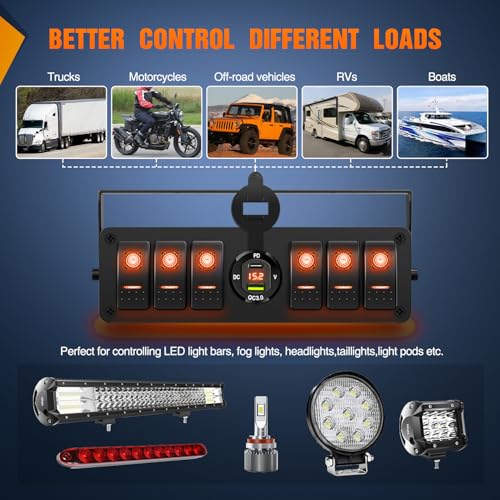 Nilight 6 Gang Rocker Switch Box 12V SPST ON Off Orange LED Waterproof - color: Amber+Box, size: 6+1 Gang Type C +USB