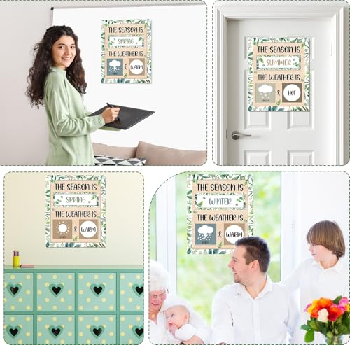 Eucalyptus Leaves Season and Weather Calendar Bulletin Board Season Calendar Posters with Weather Cards Hook and Loop Dots for Classroom Wall Decor Preschool Kindergarten Student Teacher Supplies - style: Eucalyptus Leaves
