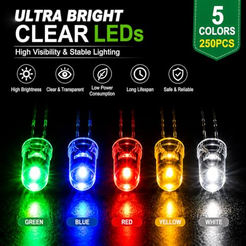250 pcs 5mm LED Diode Kit Assorted Colors (Clear Round) Bright Lighting Bulb Lamps for Arduino Electronics Projects - 5 Colors (Blue/Green/White/Yellow/Red) - style: W5mm-5color-250pcs