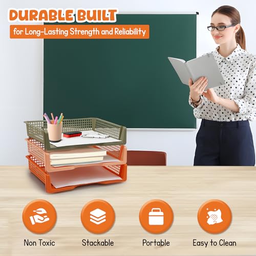 4E's Novelty 6 Pack Stackable Trays for Classroom, Durable Organizer Boho Color A4 Paper Tray, Classroom Desk Storage