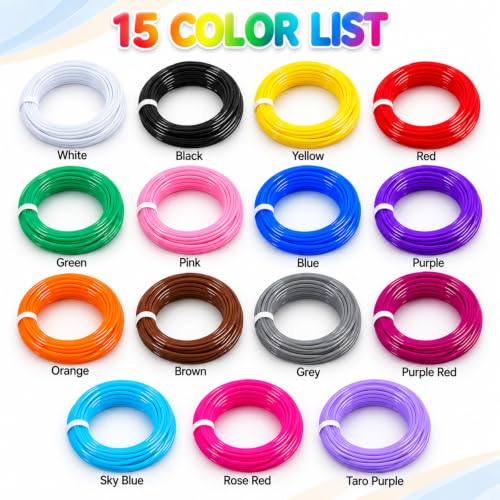 Yungden 3D Pen Filament Refills, 15 Colors, 1.75mm PLA 3D Printing Threads - color: 15 Colors