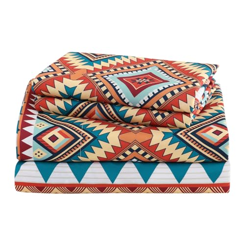 CozySmile 4 Pieces Queen Sheet Set Bohemian, Boho Sheets Soft Microfiber Deep Pocket, Western Sheets Geometric(Queen, Rust Turquoise Diamond) - color: B-rust Turquoise Diamond, size: Queen