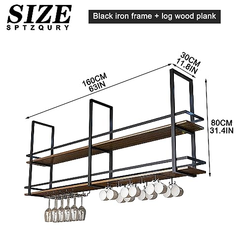 Ceiling Wine Glass Rack with Glass Holder, 63in 2-Tier Hanging Bar Shelf - color: Black, size: 63×11.8×31.4in