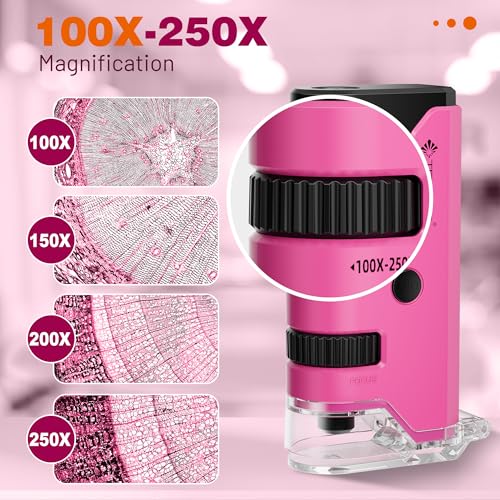 100x-250x Pocket Microscope for Kids Adults, Protable Handheld Miniscope, Mini Microscope Kit for Kids Adults Home School Lab Biology Science Education, Pink - color: Pink