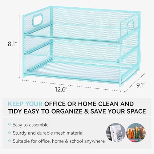 Subekyu 3 Tier Paper Desk Organizer with Handle and 1 PC Slideable Letter Tray, A4 Paper File Folder Sorter Metal Mesh Organizer for Home Office School Desk Supplies Organization Storage, Blue - color: Blue, size: 12.6" x 9.1" x 8.1"
