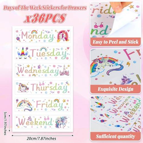 36 Pcs Days of The Week Stickers for Drawers, Large Monday to Friday with Weekend Labels Waterproof Unicorn Weekly Organizer Decals for Kids Classroom Rolling Cart Back to School